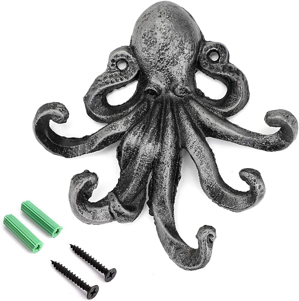 Sumnacon 6 Inch Cast Iron Octopus Decorative Coat Hook - Wall Mounted Nautical Hand Towel Rack Holder with Screws, Rustic Metal Clothing Hanger for Bedroom/Bathroom/Kitchen/Balcony, Silver