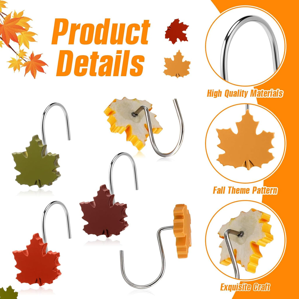 Yungyan 12 Pcs Fall Shower Curtain Hooks, Maple Leaf Shower Hangers