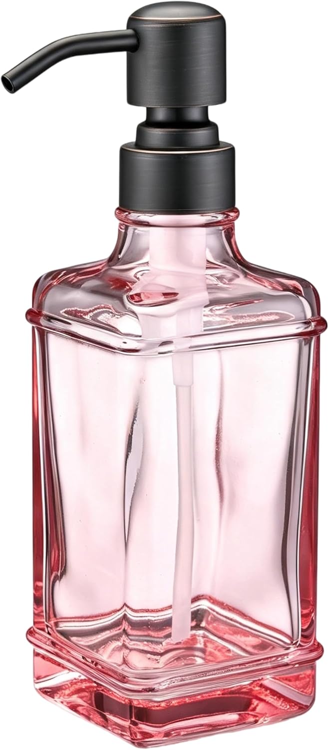 Soap Dispenser，10 Oz Antique Design Thick Glass Hand Soap Dispensers; with 304 Rust Proof Stainless Steel Pump, 6Pcs Stickers, for Kitchen,Bathroom, Pink+Oil Rubbed Bronze