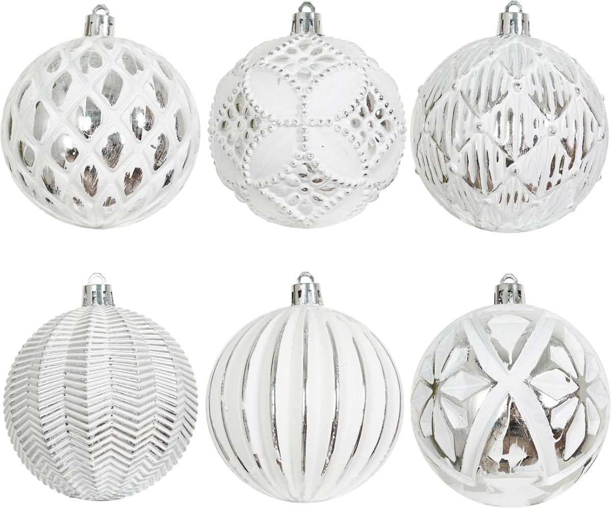 XmasExp Vintage Rustic Christmas Ball Ornaments Sets Neutral Christmas Ornaments Farmhouse Shatterproof Large Hanging Balls Tree Decorations for Xmas Xmas Home Party（Silver White, 12Pcs