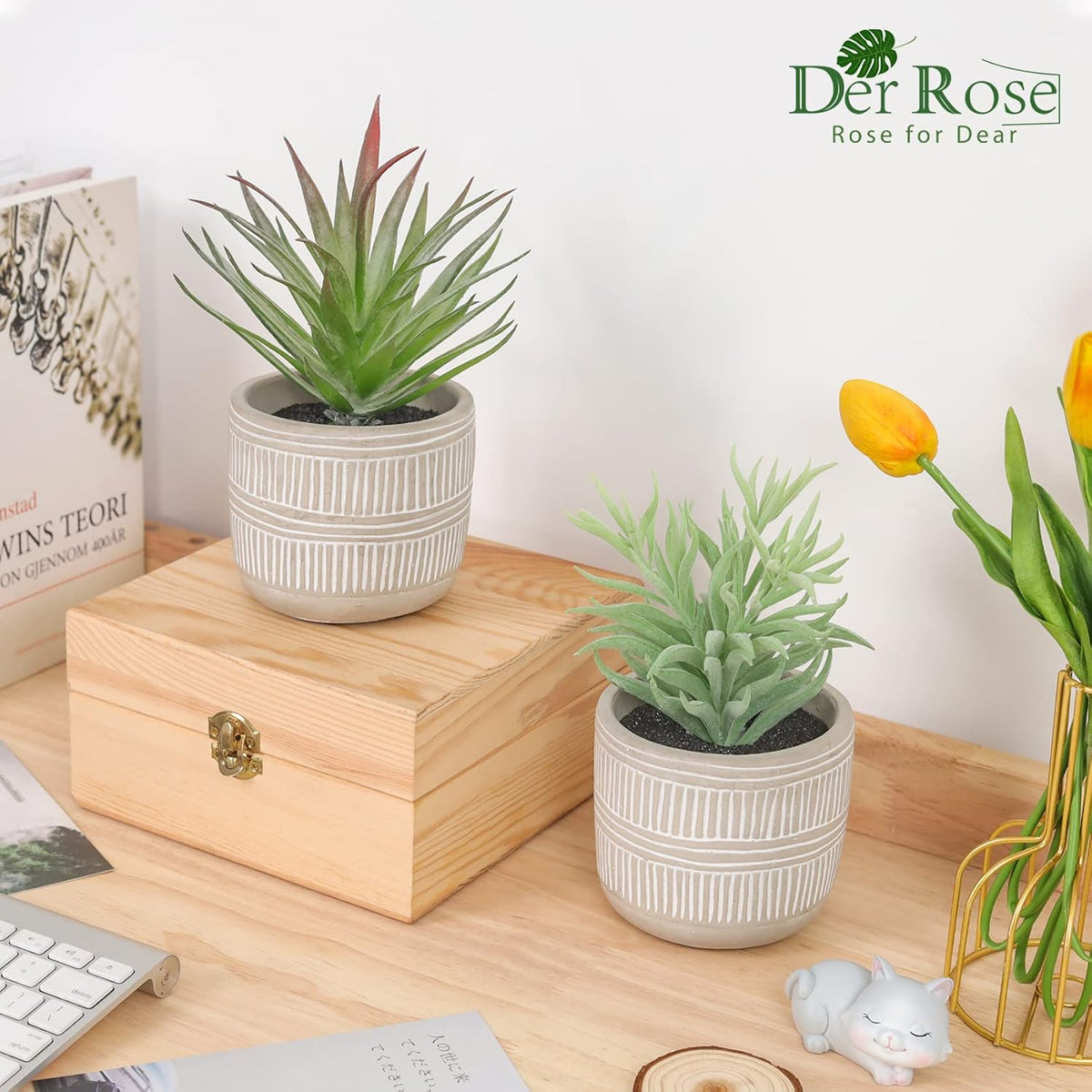 Der Rose 2 Pack 8.5" Fake Succulents Plants in Ceramic Pots for Boho Decor