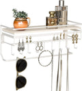 JackCubeDesign Hanging Jewelry Organizer with 9 Hooks, Wall Mount Necklace Earring Bracelet Sunglass Holder with Wood Shelf (White Metal) - MK237D