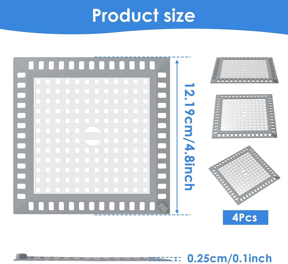 4 Pack Drain Hair Catcher, 4.8" Square Shower Drain Cover, 304 Stainless Steel Drain Strainer with Non-Slip Silicone Edge for Bathroom Floor Drain, Sink, Bathtub and Laundry