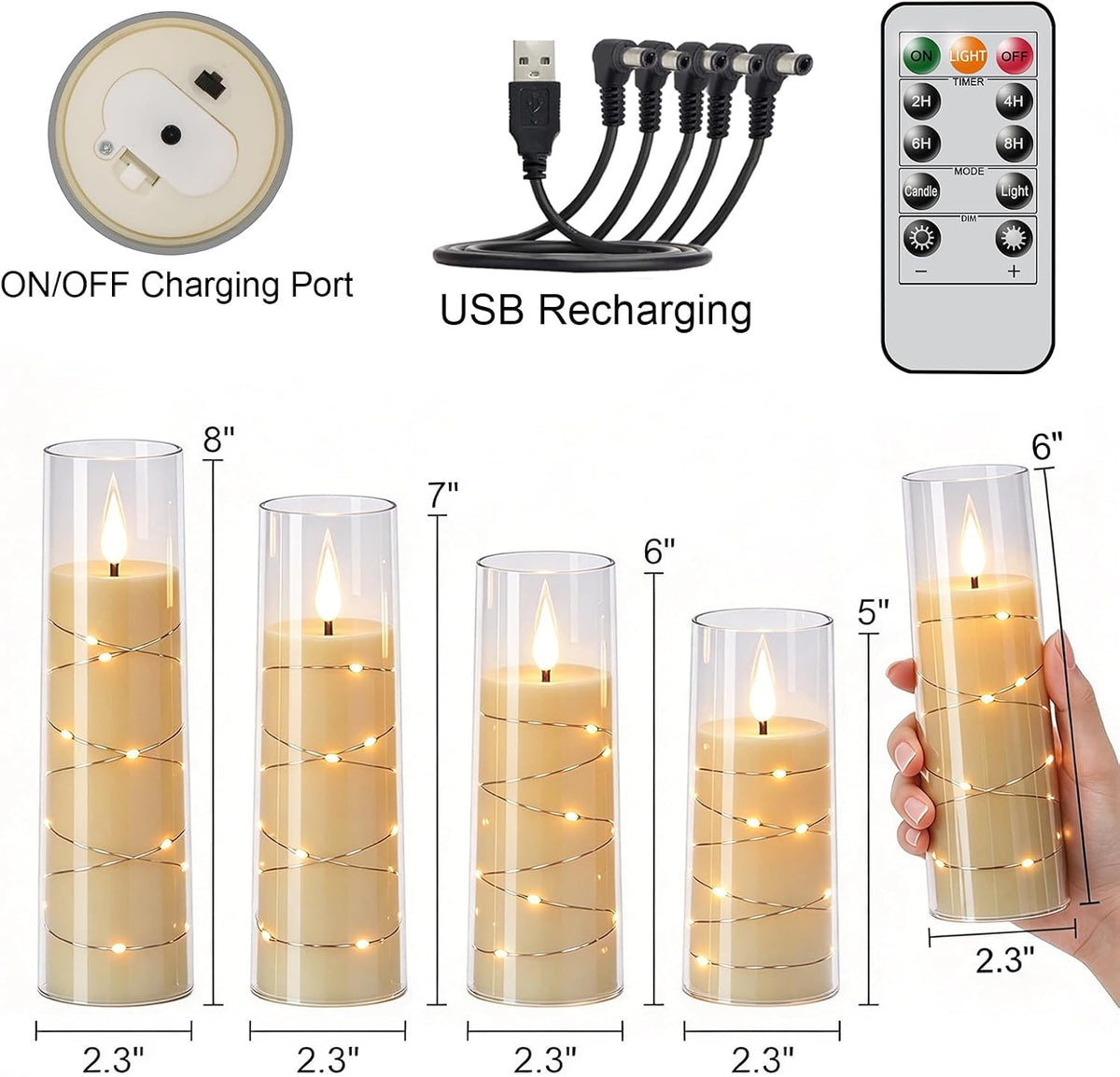Rechargeable Flameless Candles String Light Battery Operated 2 Remote Clear