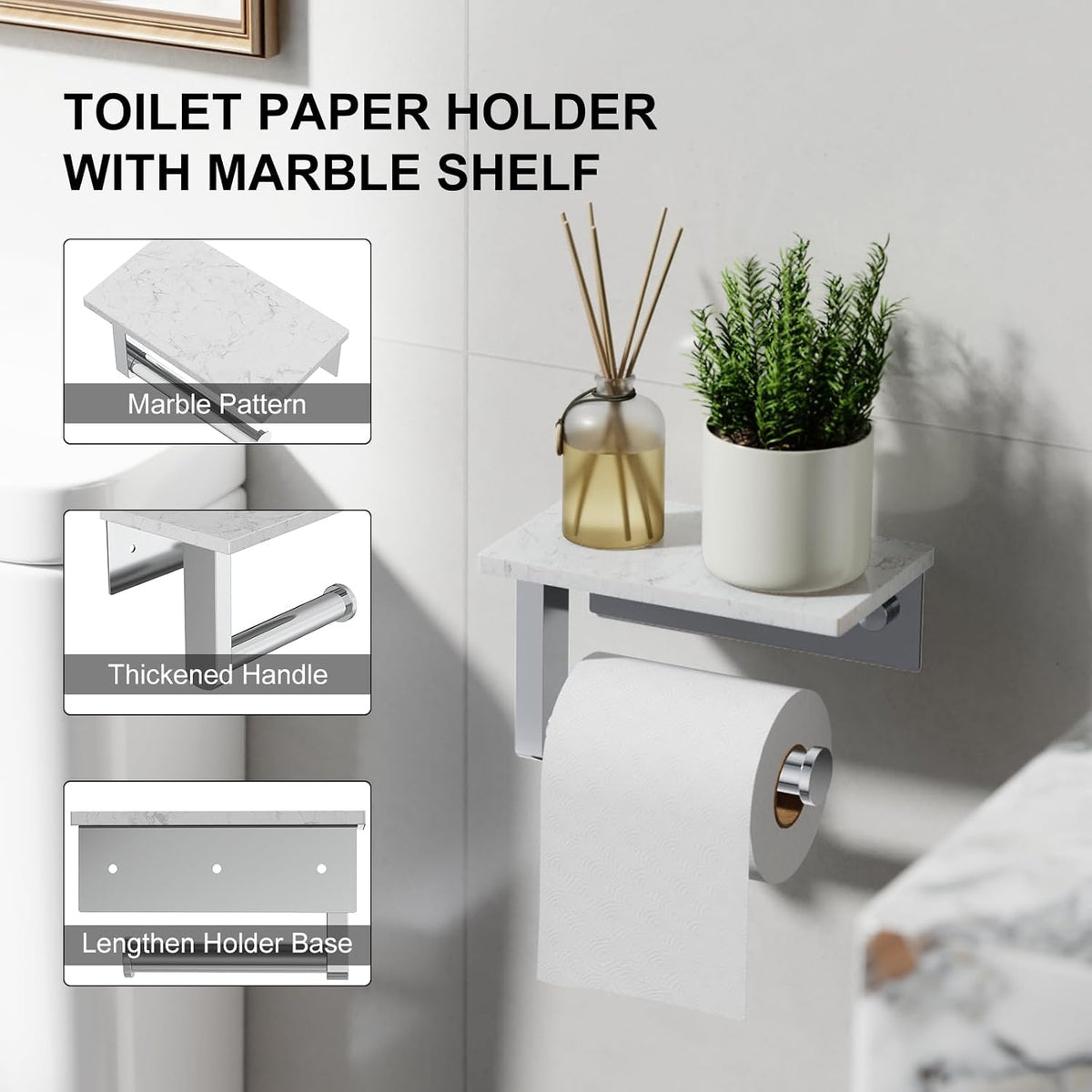 Chrome Toilet Paper Holder with Marble Shelf Tissue Roll Holder