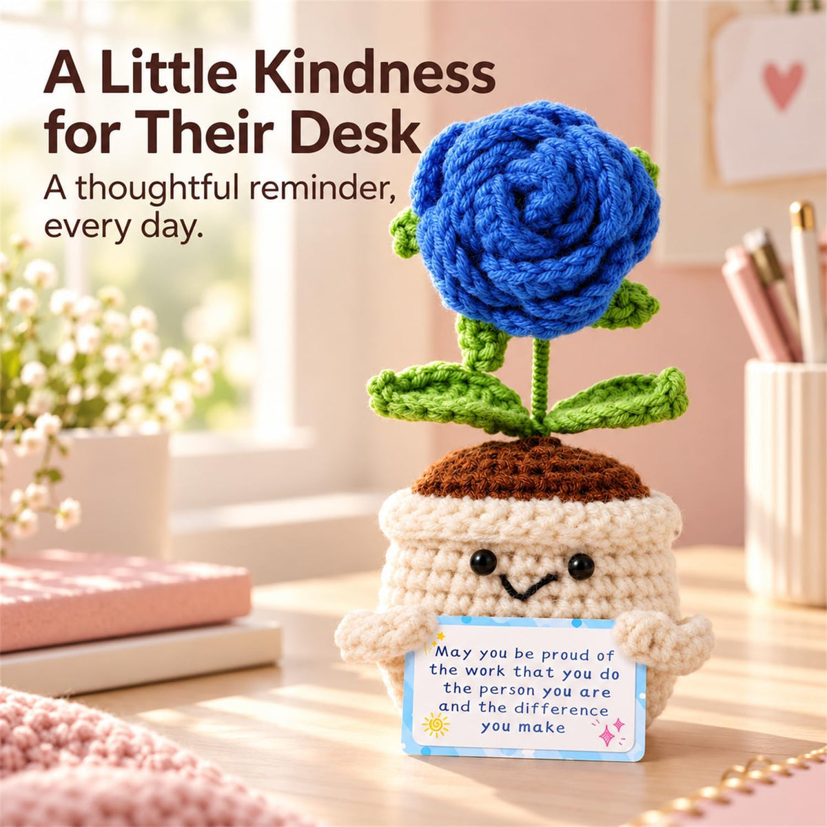 Emotional Support Crochet Positive Rose Flower Inspirational Gifts for Men, Father's Day Birthday Thank You Gifts from Son Daughter Handmade Knitted Plant w/Card for Desk Decor