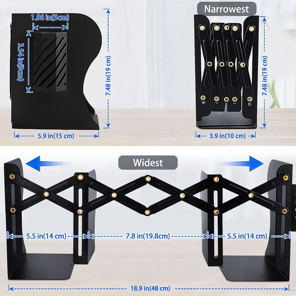 2PCS Heavy Duty Book Ends to Hold Books with Pen Holder, Adjustable Bookends, Metal Book Ends for Shelves, Black Book Holders Binder Organizer for Bookshelf Desk
