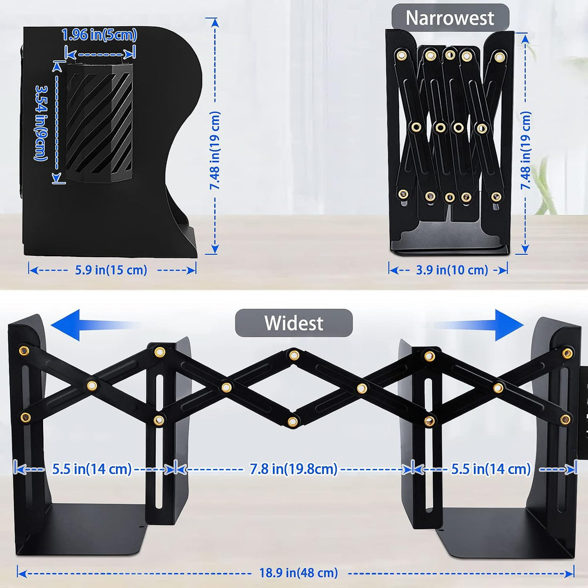 2PCS Heavy Duty Book Ends to Hold Books with Pen Holder, Adjustable Bookends, Metal Book Ends for Shelves, Black Book Holders Binder Organizer for Bookshelf Desk