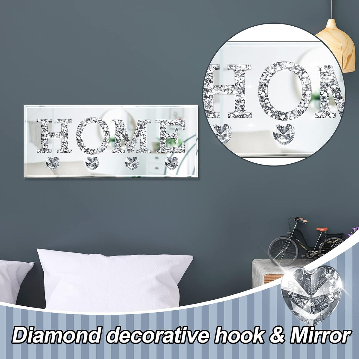 Yalikop Mirrored Key Holder Wall Decor with Heart Hooks, Silver