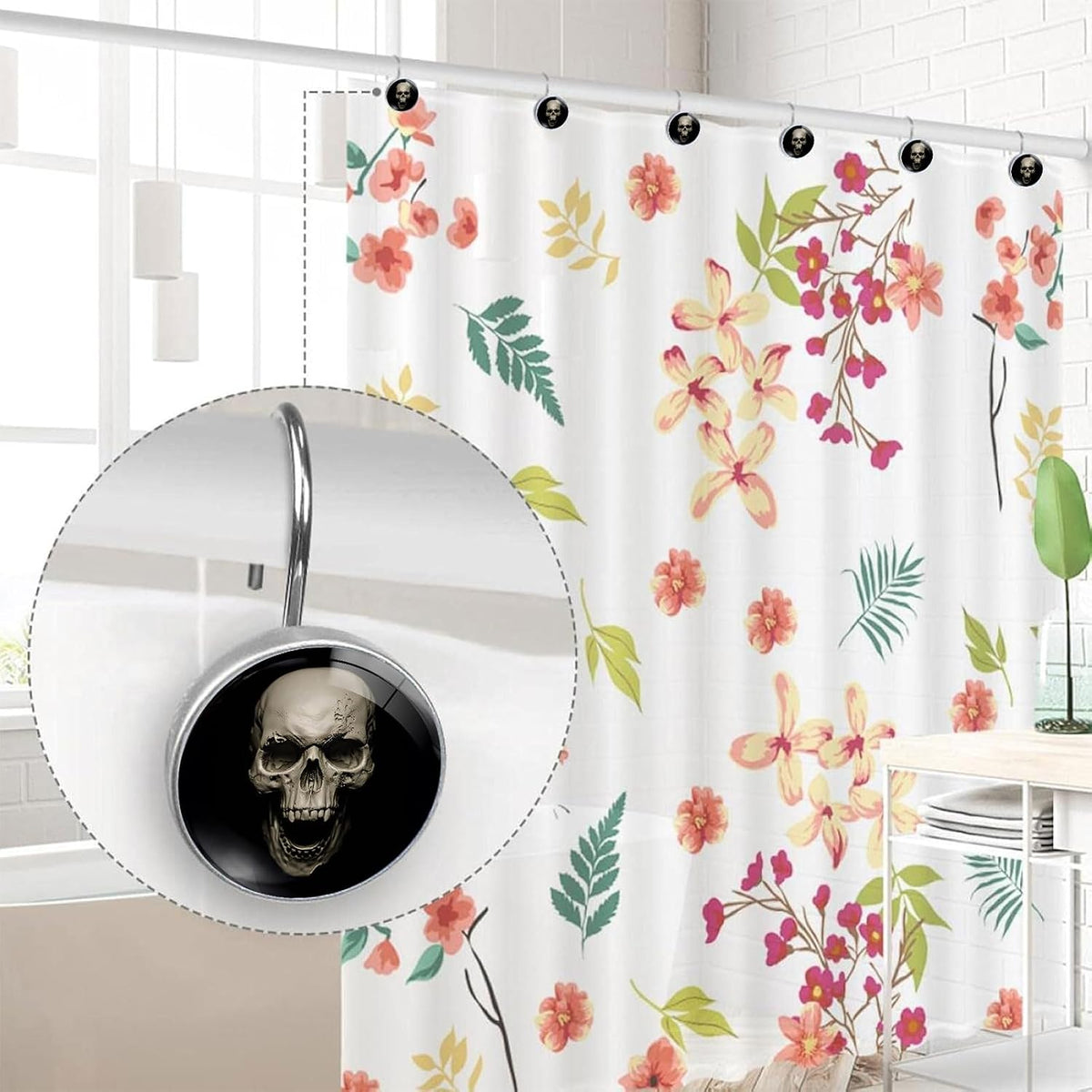 White Skull Shower Curtain Hooks Set of 12