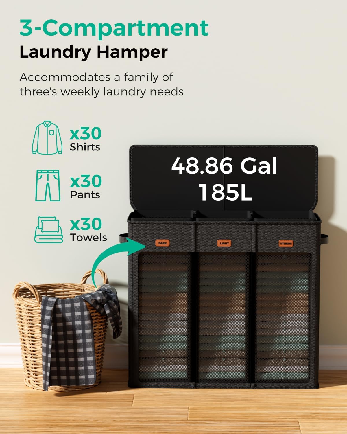 185L Laundry Hamper 3 Section with Lid & Removable Bags