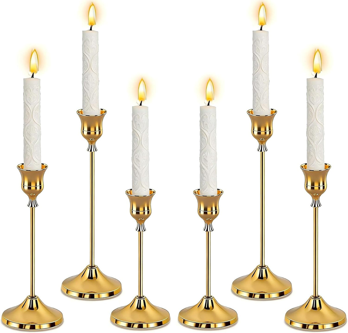 SHDSL Gold Candlestick Holders, Taper Candle Holders, Set of 6, Metal Taper Candle Stick Holders, Vintage Christmas Brass Home Decor for Table, Room Decorations Housewarming