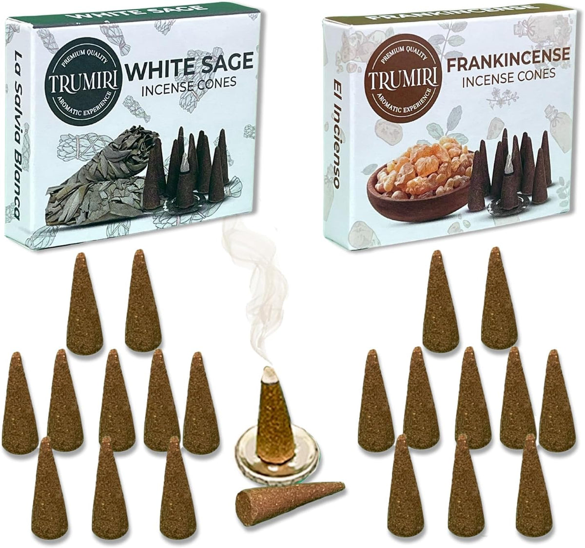 TRUMIRI Incense Cones - Combo Pack of 20 Cone Incense - 10 Frankincense + 10 White Sage
