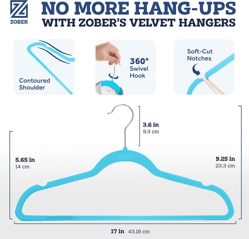 Zober Turquoise Velvet Hangers 50 Pack, Slim Non Slip Clothes Hangers