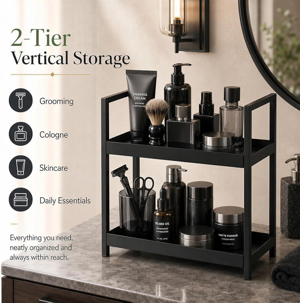 2 Tier Mens Bathroom Counter Shelf Organizer for Skincare Makeup