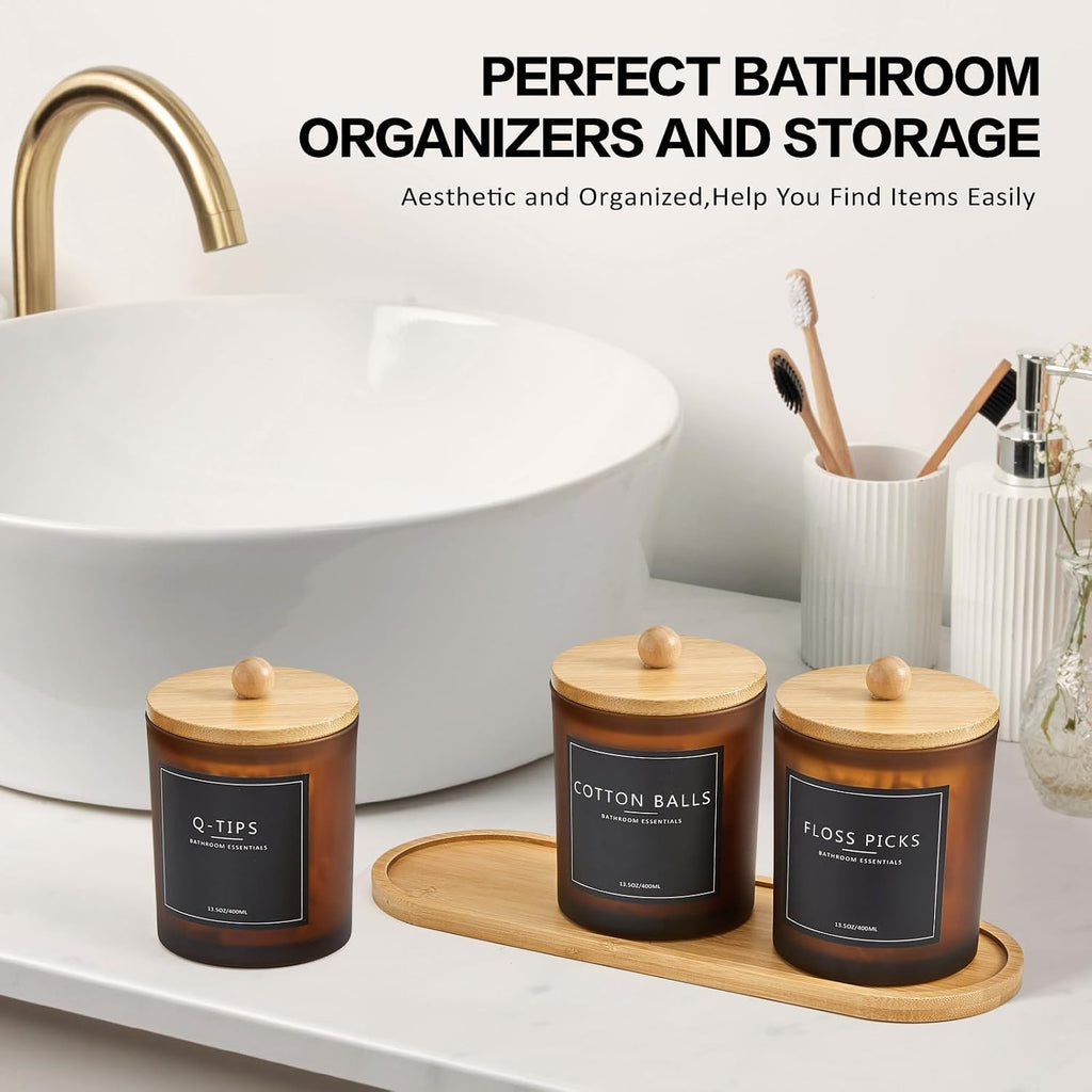 3 Pack Qtip Holder Bathroom Set with Tray,13.5oz Cotton Round Ball Pad Holder Cotton Swab Floss Pick Dispenser,Glass Apothecary Jars Canisters with Lids,Bathroom Organizers and Storage Container-Amber