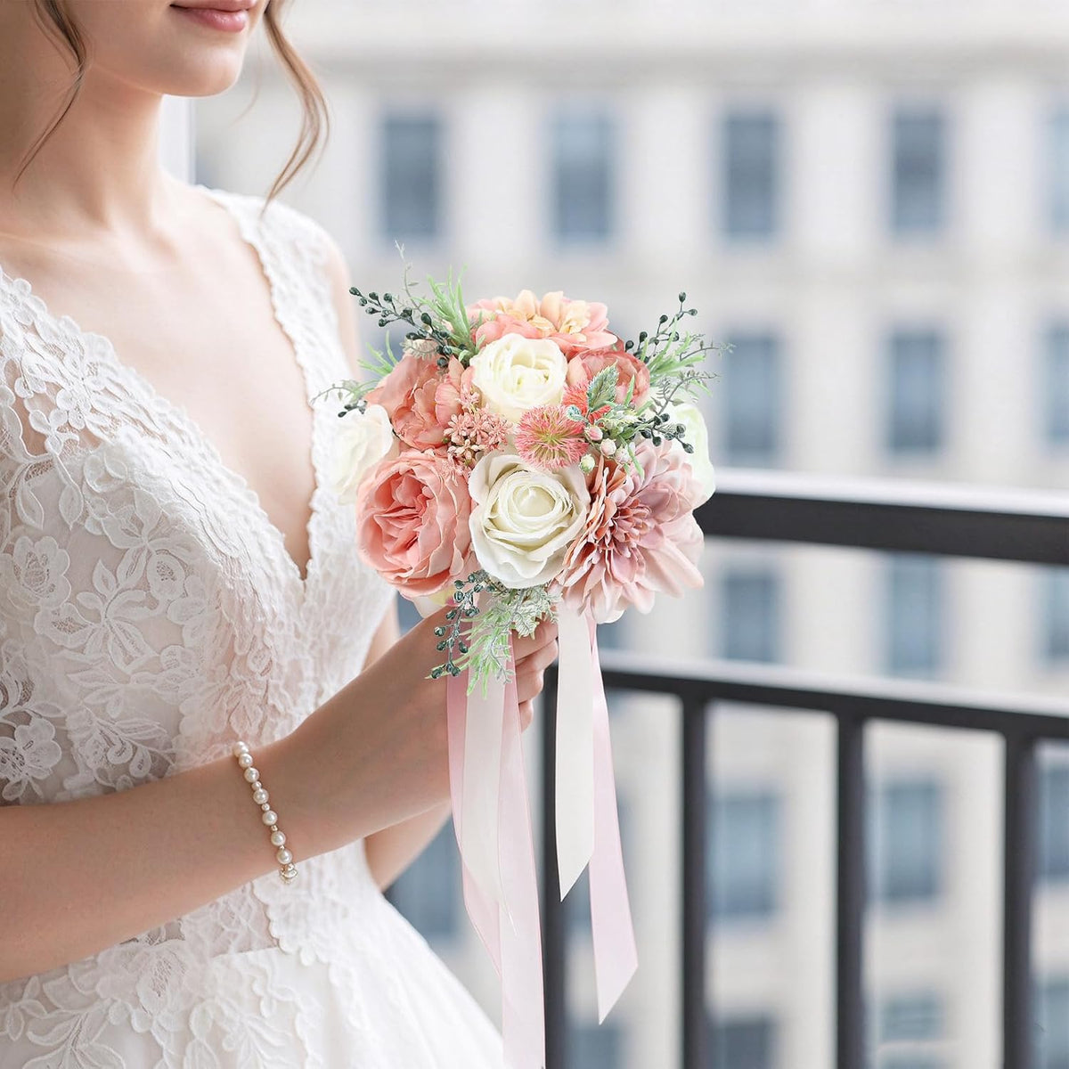 Wedding Bouquets for Bride Bridesmaid 8.5 Inch Dusty Pink Artificial Roses Flowers Bridal Bouquets for Bride Wedding Marriage Proposal Party Church Decoration
