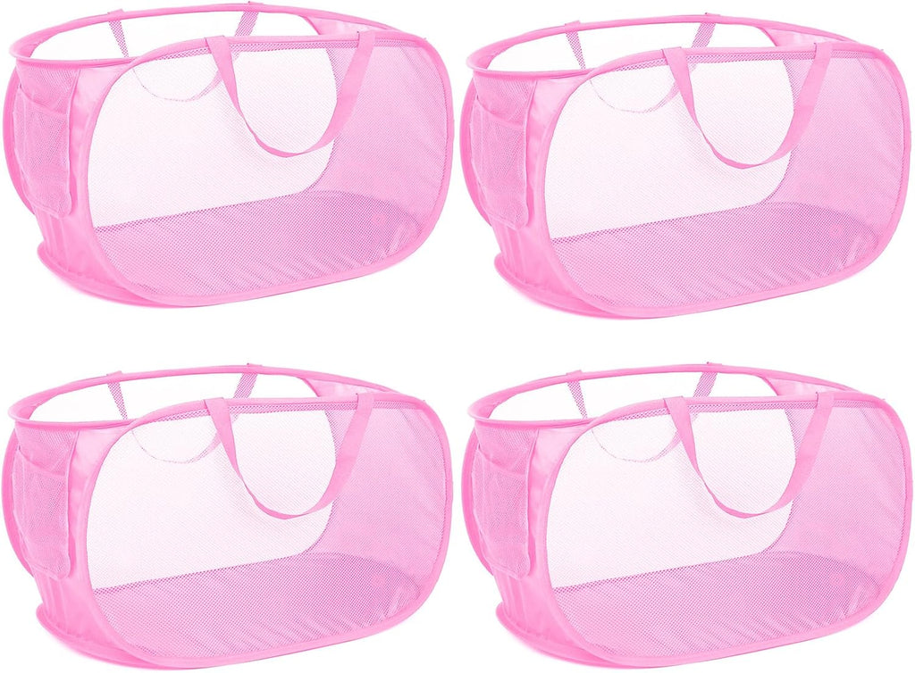 4 Pcs Durable Collapsible Laundry Baskets, Foldable Large Opening Pop Up Laundry Hamper with Pocket, Clothes Hamper with Handles for Laundry, Bathroom, Kids Room, Dorm or Travel Pink