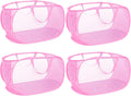 4 Pcs Durable Collapsible Laundry Baskets, Foldable Large Opening Pop Up Laundry Hamper with Pocket, Clothes Hamper with Handles for Laundry, Bathroom, Kids Room, Dorm or Travel Pink