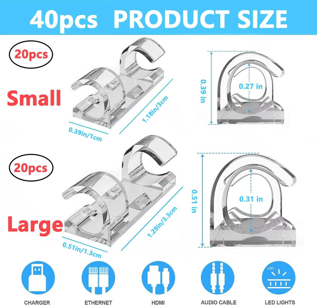 40PCS Cable Clips (Small & Large), Adhesive Cable Clips for Wall