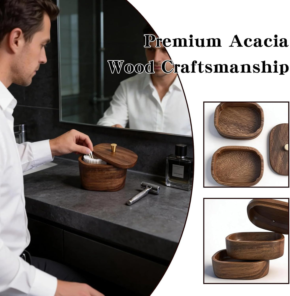 Acacia Wood Qtip Holder - Elegant Wooden Bathroom Canisters & Multi-Functional Bathroom Canister for Cotton Swabs, Dental Floss, and Bathroom Essentials