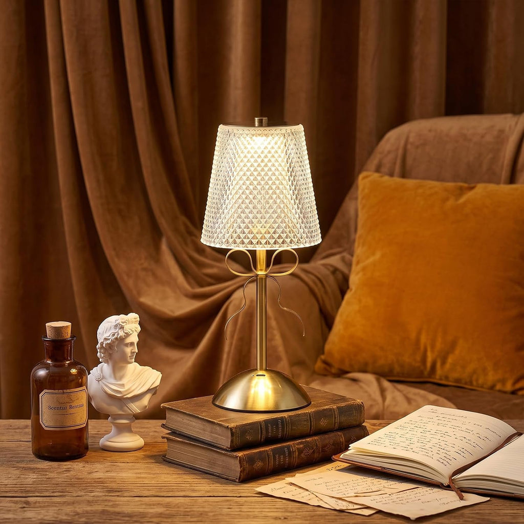 Liliful 2 Pcs Cordless Table Lamp LED Touch, Gold, Crystal Cut Style Bow