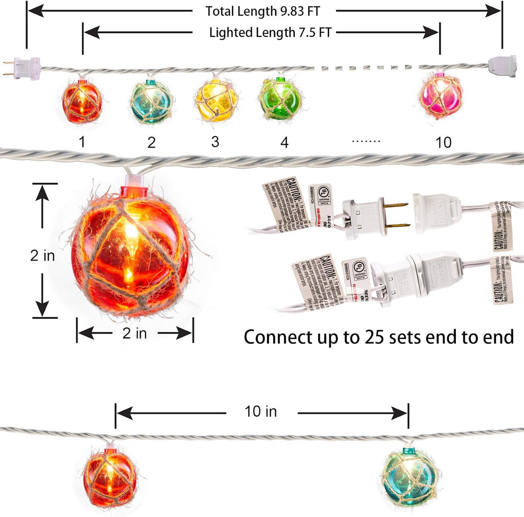 Brillarlights Tiki Lights Nautical Fishing Float Buoy String Lights, 9.8FT 10 Multicolor Mini Lantern Buoy Lights Plug in, UL Listed Connectable for Tiki Bar, Beach, Patio, Deck Decor