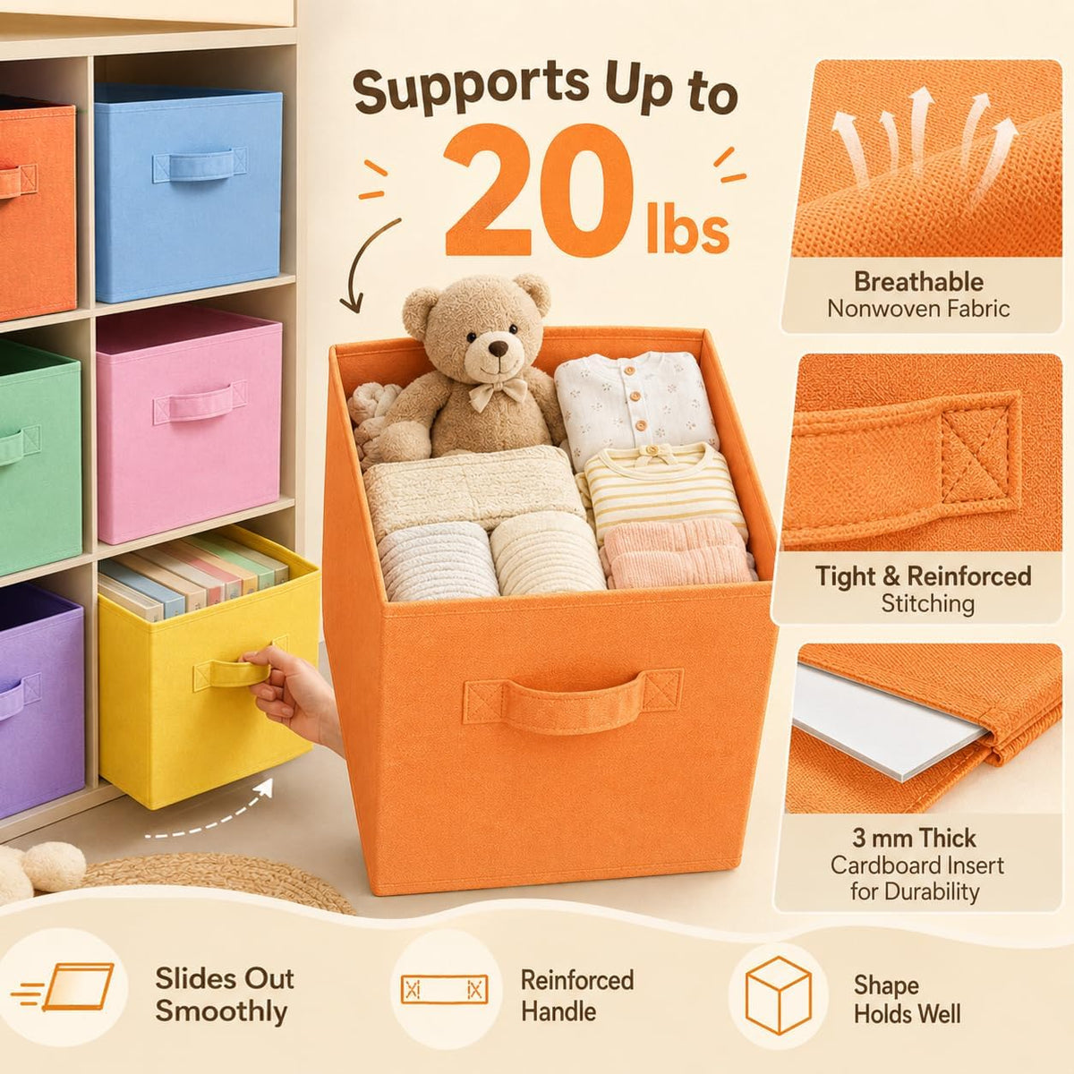 Storage Cubes, 6 Pack Foldable Fabric Large Cloth Storage Bins with Handles, 11 Inch Sturdy Collapsible Baskets Organizer Boxes for Closet Shelves Bedroom Books Home Organization Office