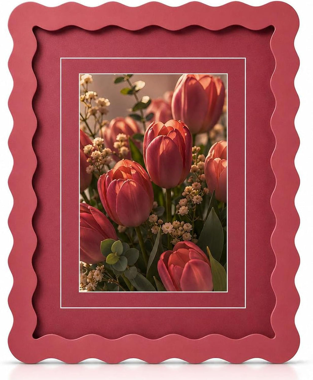 SNAPSHOT 8x10 Picture Frame with Mat for 5x7/6x8, Wooden Photo Frames with Real Glass for Wall Mount and Tabletop, Wavy Edge Red, 1 Pack