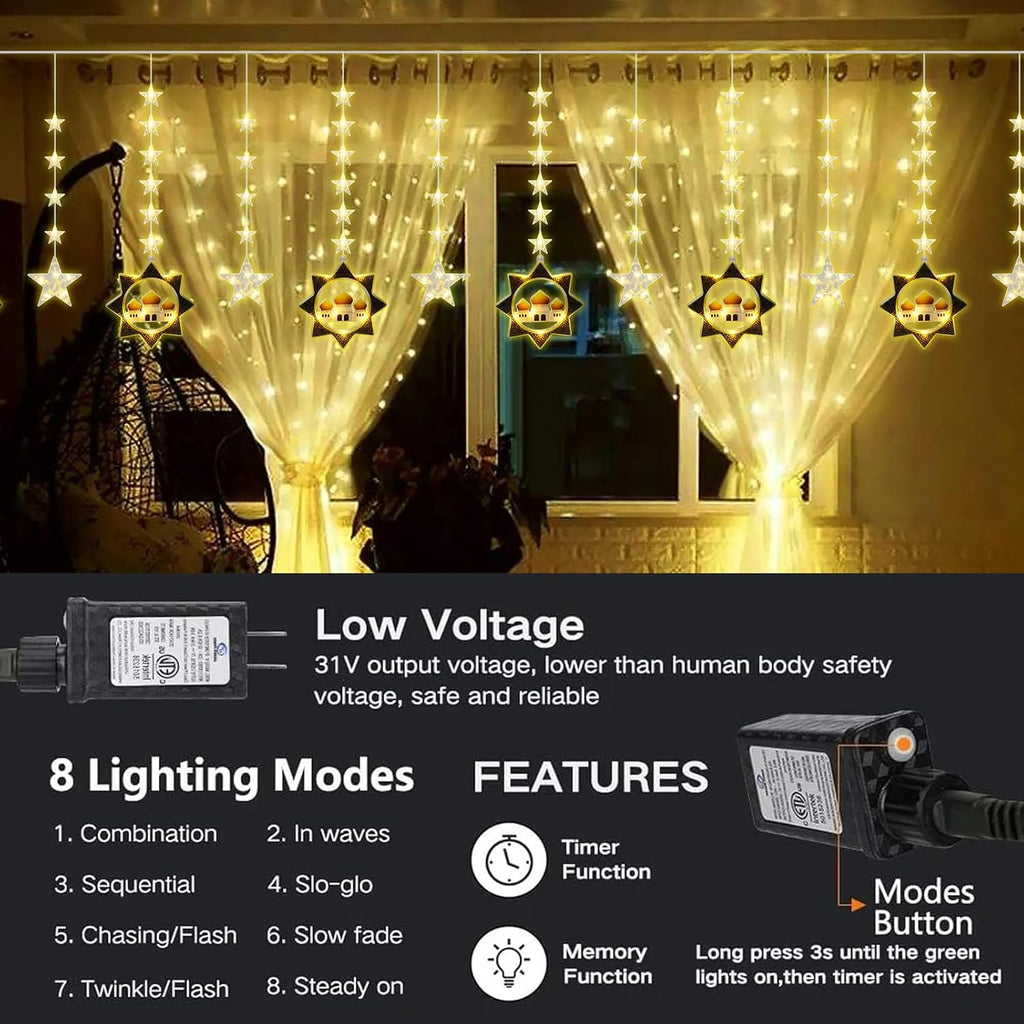 Vigdur Star Curtain Lights, 10FT 120 LEDs Ramadan Fairy Lights with Remote