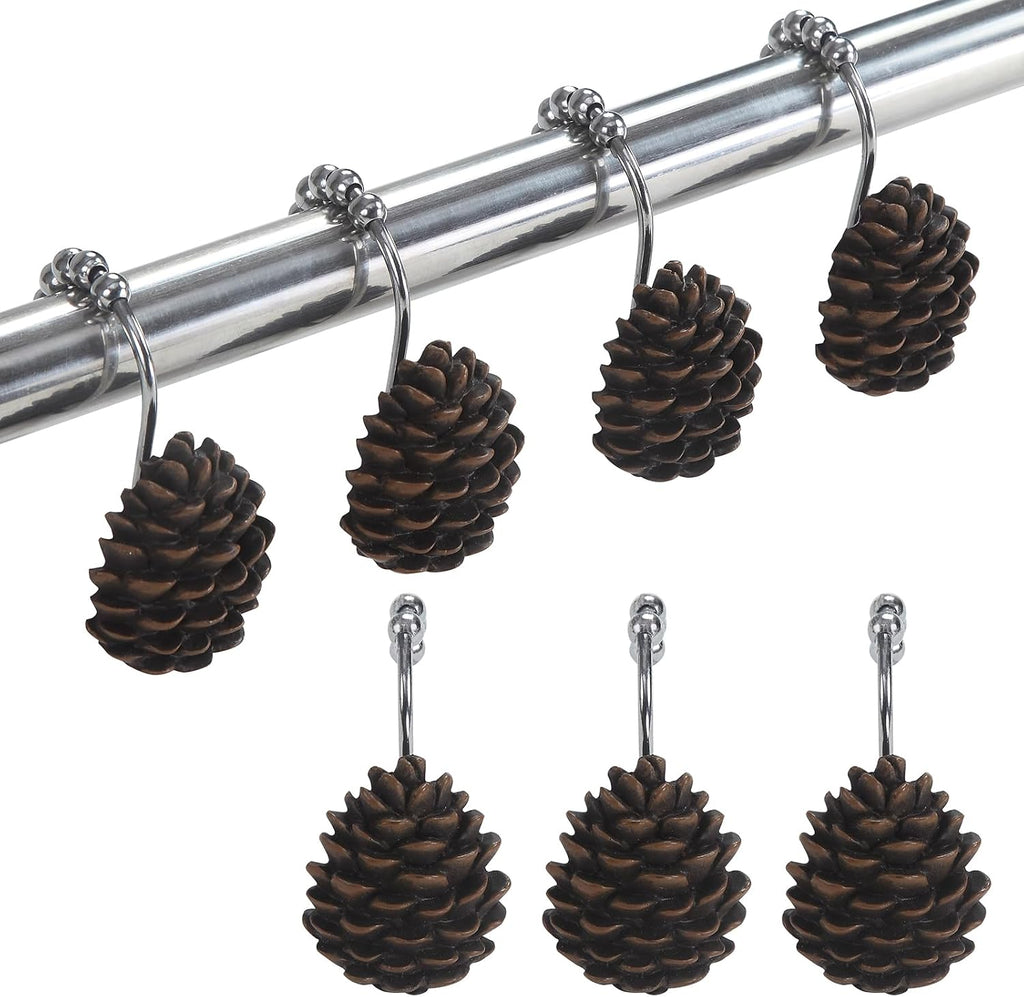 Brown Pinecone Shower Curtain Hooks, Rustproof Rustic Cabin Shower Hooks for Shower Curtain, 5 Roller Ring Balls Lodge Christmas Decorative Bathroom Curtain Hooks, Set of 12