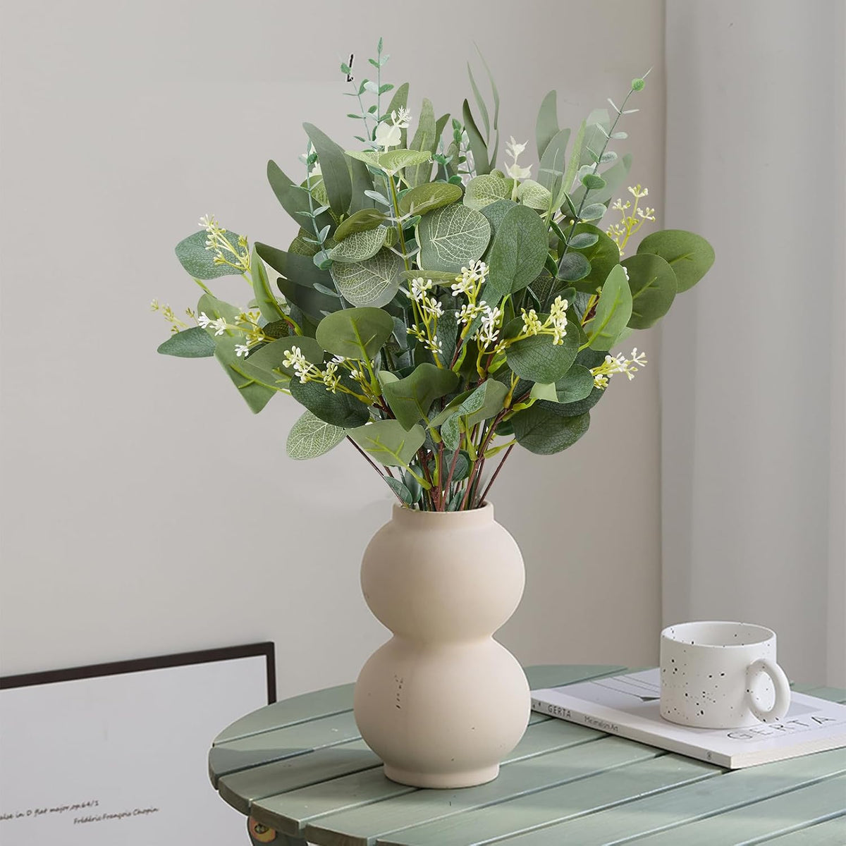 Coreland 120 Pcs 4 Kinds Mixed Eucalyptus Leaves Stems Bulk Artificial Silver Dollar Leaves Picks Dried Eucalyptus Bundle Faux Spray for Wedding Vase Bouquet Floral Arrangement