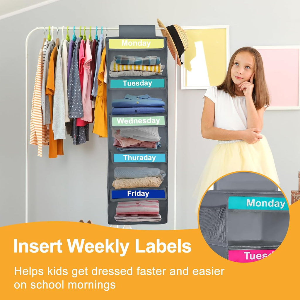 Weekly Clothes Organizer for Kids, Days of The Week Clothes Organizer with 6 Side Pockets, 5-Shelf Hanging Closet Organizer with Monday Through Friday Labels, Weekly Clothing Divider (Dark grey-2Pcs)