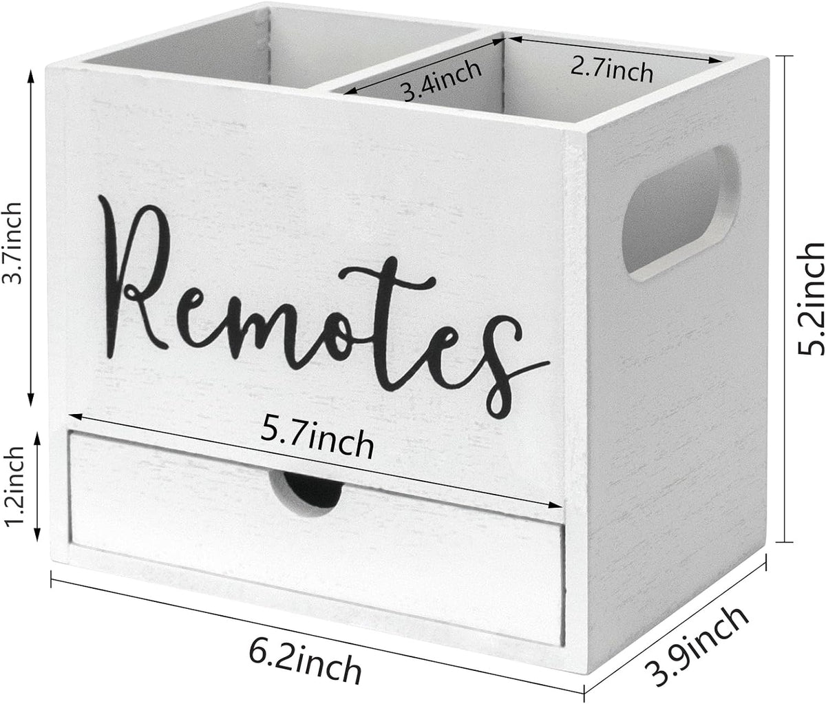 Remote Control Holder, 2 Slot TV Remote Holder& Desk Organizer with Drawers, Remote Organizer Caddy for Table, Wooden Remote Box for Nightstand,Media Storage Box for Living Room, Bed (White)