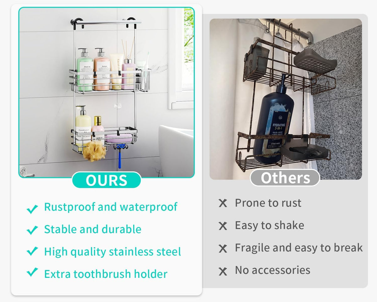 HapiRm Hanging Shower Caddy Organizer - No Drilling Shower Shelves with Hooks and Toothbrush Holder, Rustproof 304 Stainless Steel Bathroom Organizer - Silver