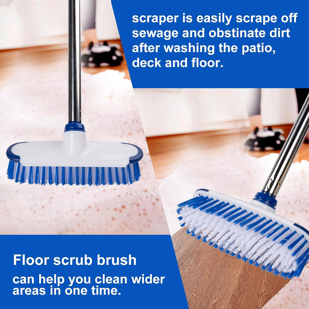 Floor Scrub Brush with Long Handle, 2 in 1 Deck Scrub Brush, Stiff Bristle Scrub Broom & Cleaning Brush for Tile Floor,Deck,Patio,Marble,Garage,Wall, Kitchen,Bathroom