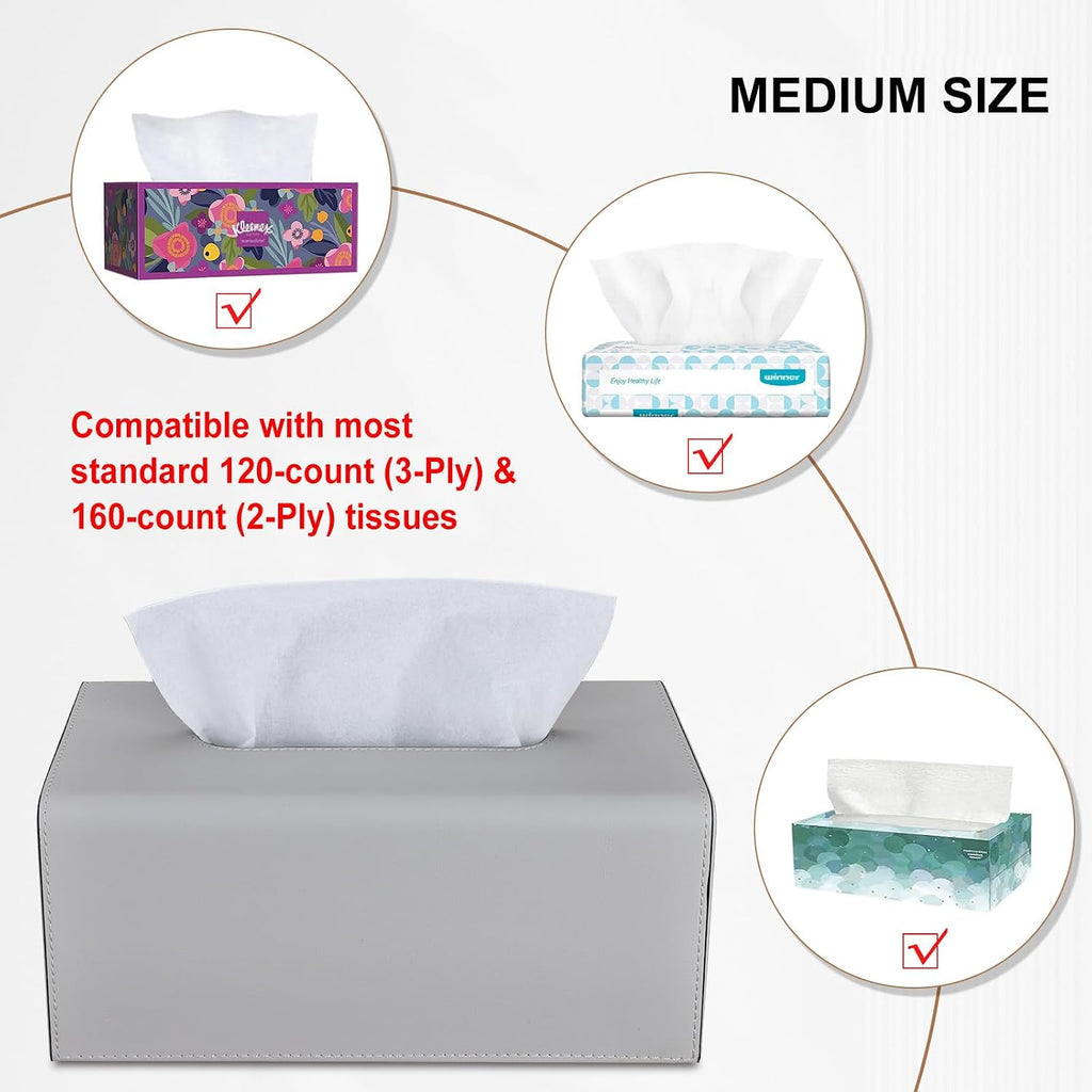 Tissue Box Cover, PU Leather Rectangular Tissue Box Holder with Magnetic Bottom Cover for Facial Tissues/Napkins, Office & Living Room Decor Box for Standard 120-count (3-Ply) 160-count (2-Ply) Gray