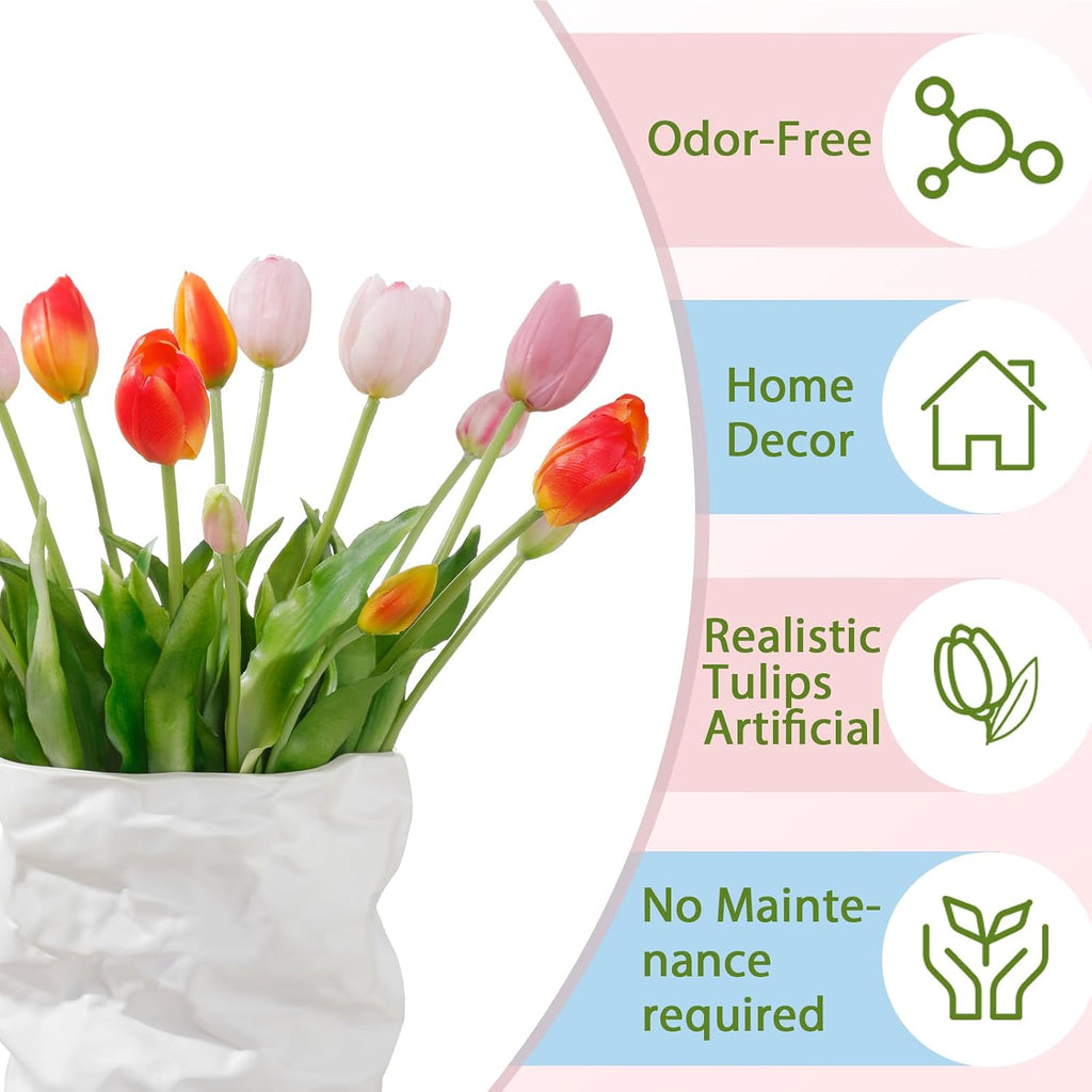 15 Pcs Light Pink-Orange-Light Purple Artificial Tulips Fake Flowers, Premium Latex Lifelike Texture, UV Resistant Waterproof Faux Tulip Bouquets with Snap-on Petals for Outdoor, Home, Wedding Decor