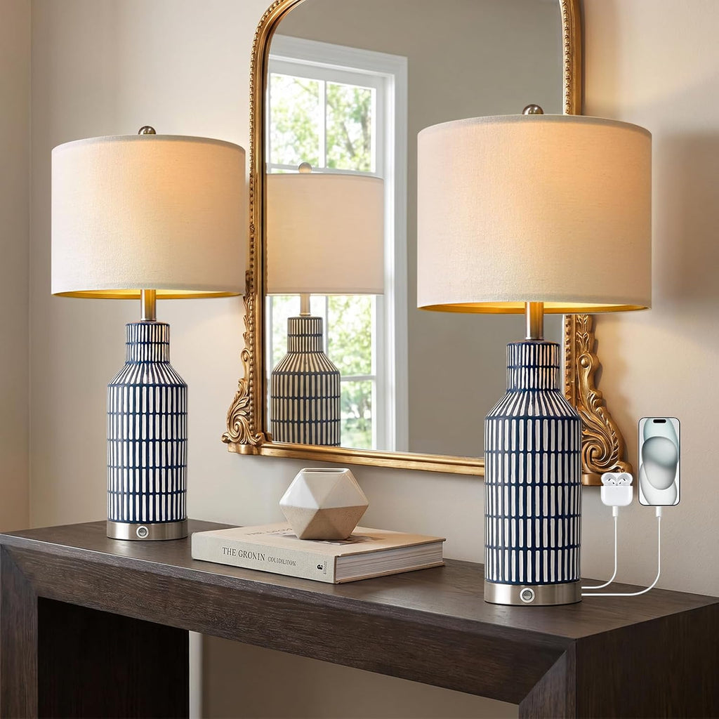 USumkky 25" Modern 3-Way Dimmable Touch Control with USB A+C Ceramic Lamps Set of 2 Table Lamp for Living Room Bedroom Farmhouse Nightstand Bedside Blue