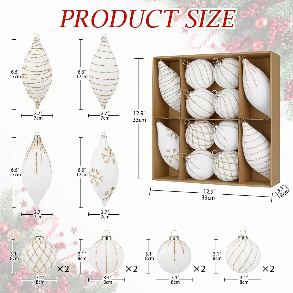 12PCS Velvet Christmas Ornaments Balls 3.15/6.6 Inch Flocked Ornament Sets Glitter Balls for Xmas Hanging Ornaments Decoration Wedding Party Holiday Decor - Snow White