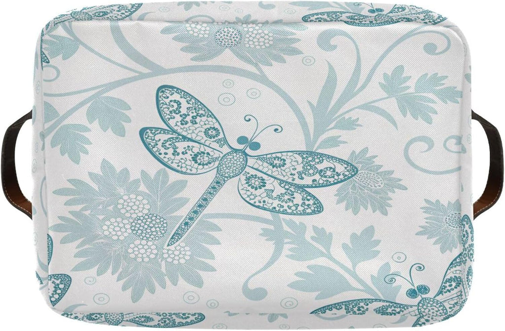 Foldable Storage Baskets Set of 2, Parsley Dragonfly Storage Bins with Handles, Decorative Cloth Organizer Storage Boxes for Home|Office 15 x 11 x 9.5 in