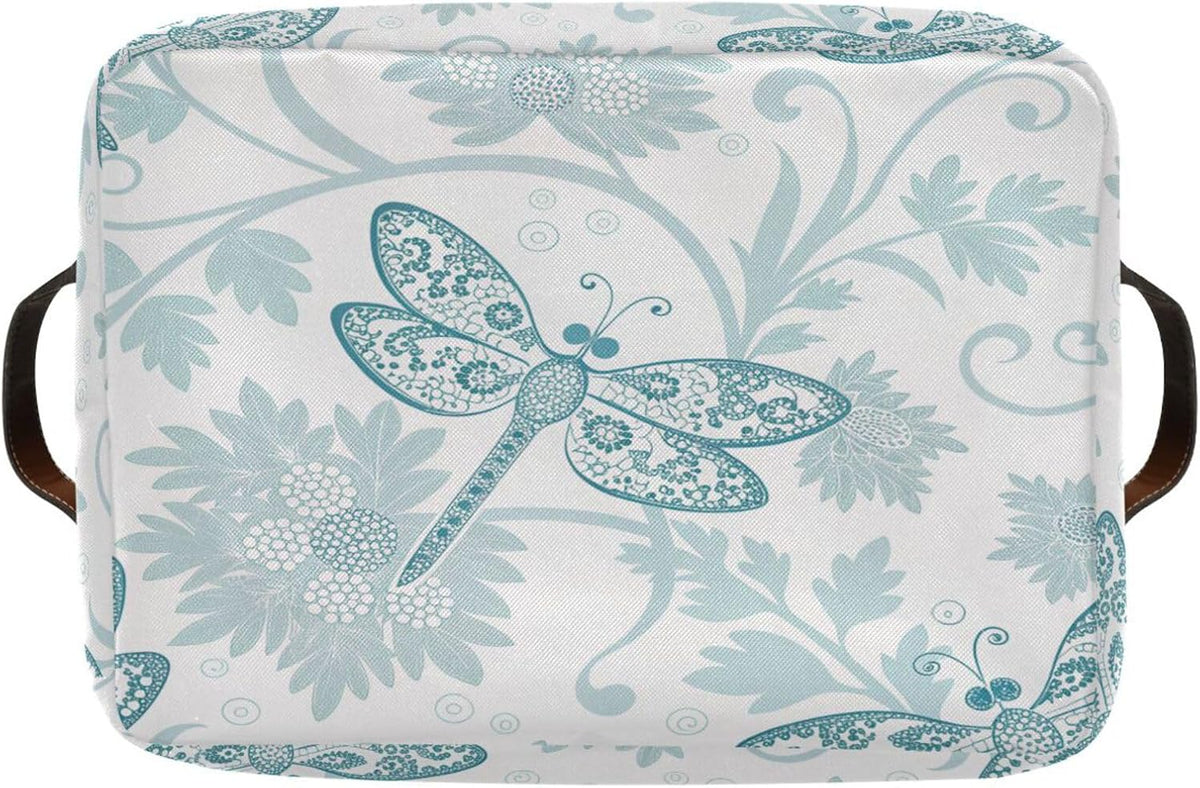 Foldable Storage Baskets Set of 2, Parsley Dragonfly Storage Bins with Handles, Decorative Cloth Organizer Storage Boxes for Home|Office 15 x 11 x 9.5 in
