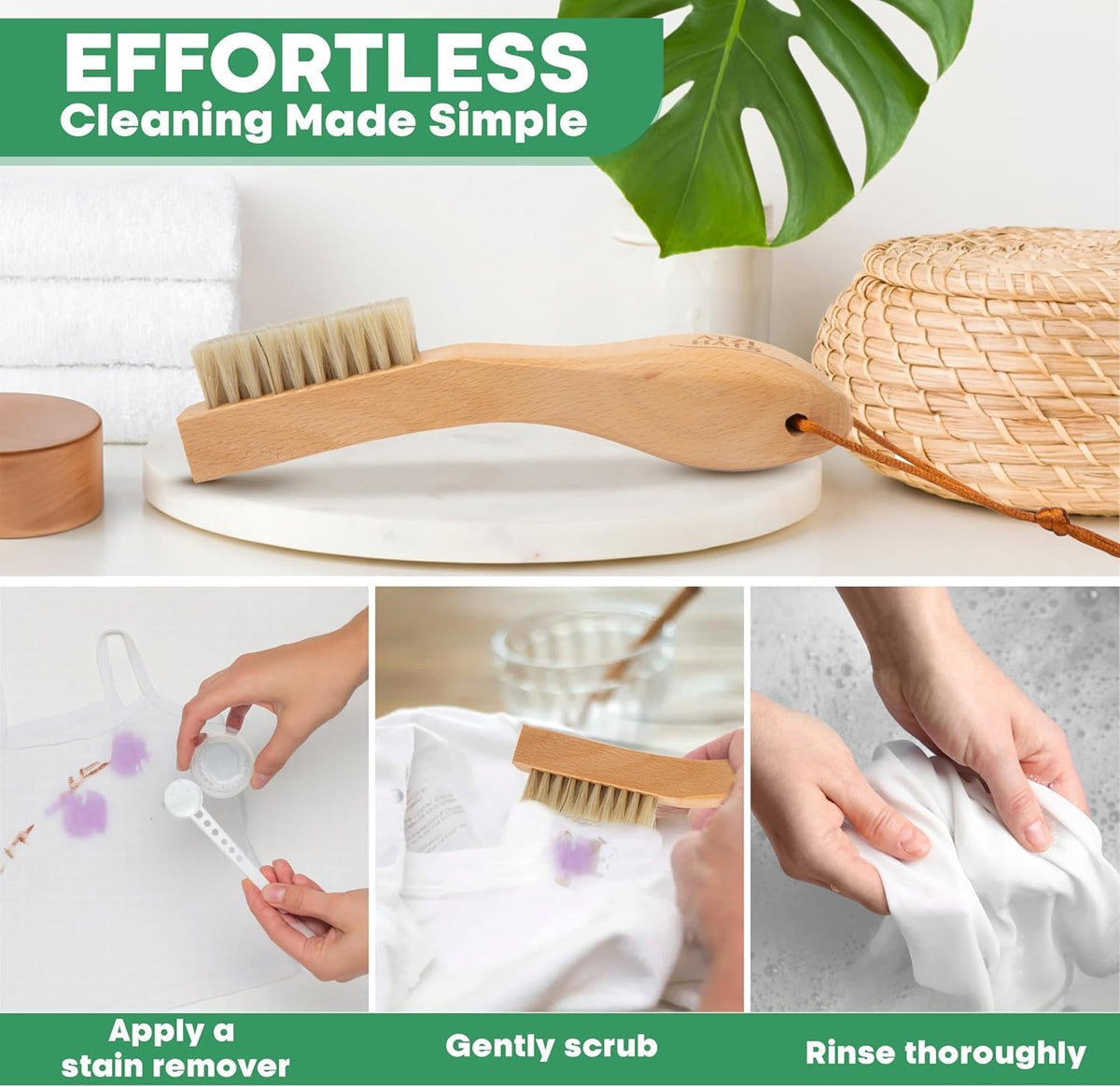Laundry Stain Remover Clothes Brush Set of 2 Natural Soft Boar Bristle White & Black for Scrubbing Out Tough Stains on Delicate Fabrics, Knits, Cotton, Linens, Small Brush