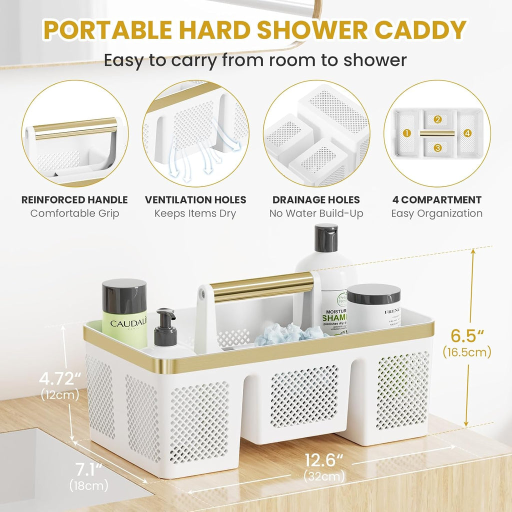 BYUNER Portable Cleaning Caddy & Shower Basket: Hard Plastic Caddy Organizer with Handle, 4 Divided Compartments, All-Side Drainage for Bathroom, Dorm & Utility, College Dorm Room Essentials