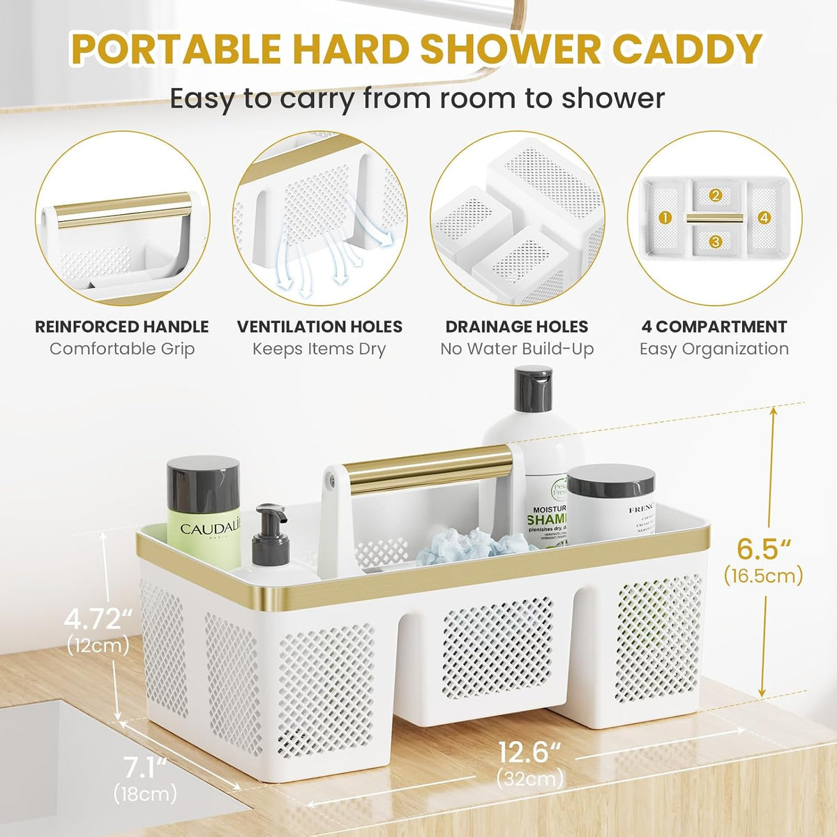 BYUNER Portable Cleaning Caddy & Shower Basket: Hard Plastic Caddy Organizer with Handle, 4 Divided Compartments, All-Side Drainage for Bathroom, Dorm & Utility, College Dorm Room Essentials