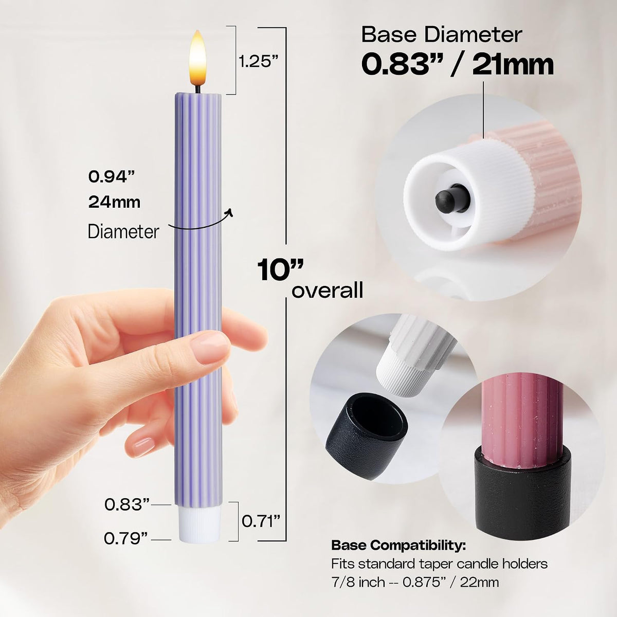 Coordinated Dusty Mauve Pinkish Lilac 4 Pack, 10" Real Wax LED Flameless Fluted Ribbed Grooved Taper Candles, Remote & Timer Memory, On/Off Button, Dimmable, Battery Operated, Menorah Wedding