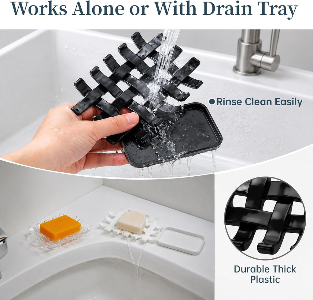 1 Pack Plastic Bar Soap Holders for Shower, Woven Design Black Soap Dishes with Drain for Bathroom Sink, Shampoo Bar Holder Soap Tray for Shower Shelf/Niche, Bathtub, Kitchen Counter