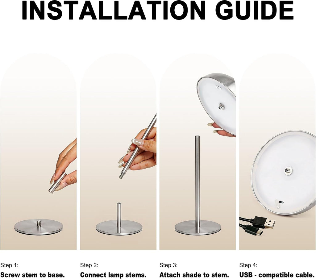 Portable LED Mushroom Table Lamp, Cordless Gold Table Lamp with 3 Color Stepless Dimming, Touch Control, Adjustable Height, Touch Lamp for Nightstand, Bedroom, Coffee Table, Bar, Restaurant (Silver)