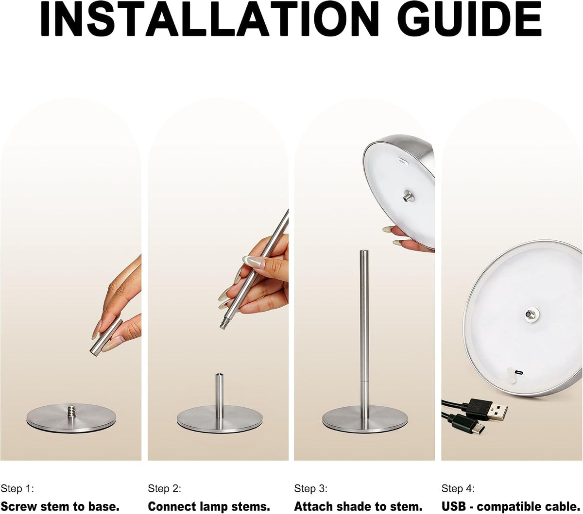 Portable LED Mushroom Table Lamp, Cordless Gold Table Lamp with 3 Color Stepless Dimming, Touch Control, Adjustable Height, Touch Lamp for Nightstand, Bedroom, Coffee Table, Bar, Restaurant (Silver)