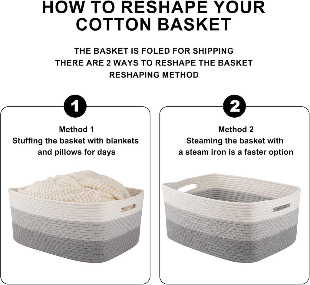 OIASKET Large Storage Basket for Organizing, Woven Rope Basket for Shelves, Closet Organizer Bins for Clothes, Blanket, Toys, Baby Nursery Storage, 17.7" x 13" x 7.87", 2 Packs Gradient Grey